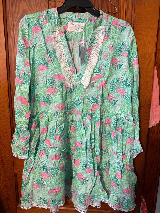 Kenny Flowers Dresses & Skirts - Kenny Flowers Mint Green & Pink Flamingo Fringe V-Neck Mini Dress